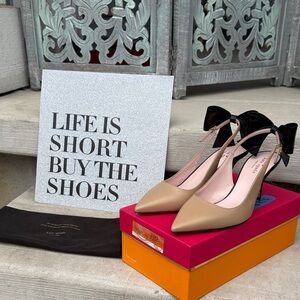 kate spade Tan Pointed-Toe Ankle-Strap Pumps with Black Bow
